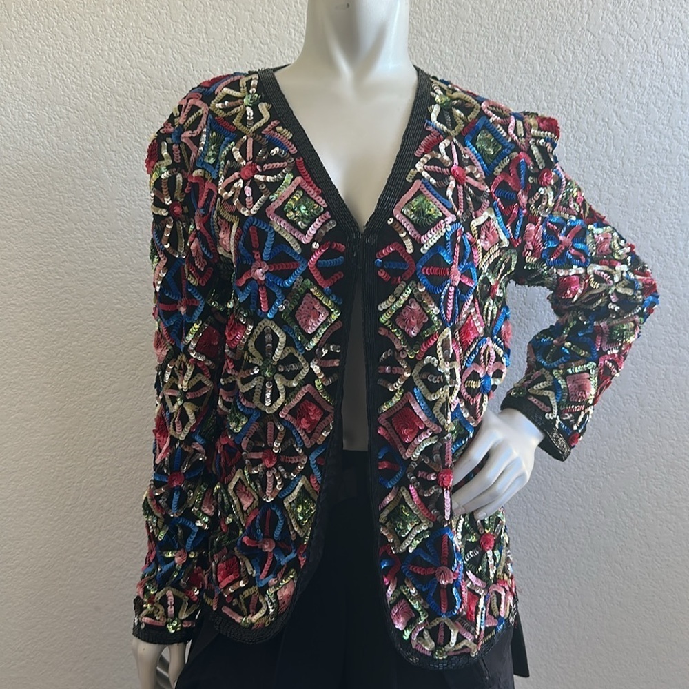 Sweelo Vintage 80s Silk Floral Sequin Beaded Jacket Multicolor